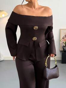 Firerie Conjunto de 2 peças, Top Casual Ombro à Mostra de Manga Longa e Calça, Plus Size - Café - Visão 4