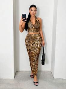 Sirith Fashion Tiger Print Halter Neck Backless Crop Tank Top For Women,Sexy Casual Y2K Sleeveless Deep V-Neck Slim Fit Top,Cute Going Out Bodycon Camis,Halloween Christmas Party,Concert,Club,Rave Festival Outfits - Coffee Brown - View 4