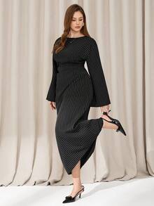 Auralis Plus-Size Women's Black Casual Dress With Flared Sleeves Fall Women's Dress, Halloween Dress, Plus-Size Women's Dress, Fall Dress, Women's High Intelligence Office Dress, Commuting Dress/Fall/Winter