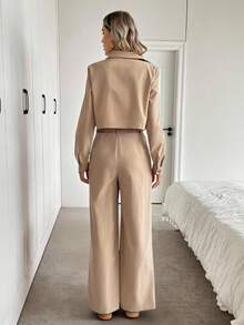 Easowa 翻领纽扣前长袖衬衫和前拉链褶裥腰斜口袋阔腿裤休闲宽松优雅商务套装女士两件套棕褐色两件套米色两件套两件套女士女士两件套棕褐色套装女士 - 卡其色 - 查看 2