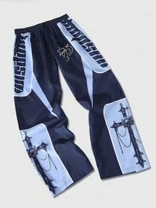 ROMWE MEN Street Life Men Contrast Color Patchwork Cross & Letter Graphic Loose Fit Sweatpants, Fall