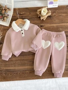 2pcs/Set Baby Girl Cute Dusty Pink Outfit,Plush Collar Long Sleeve Top + Plush Heart Decor Pants,Comfortable Autumn Winter Daily Wear Fall Clothing - Pink - View 3