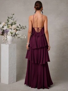 L'Amorae 优雅浪漫婚礼宾客纯色露背分层雪纺长裙 - Red Plum - 查看 2