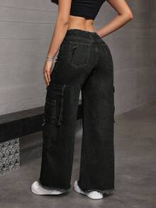 SHEIN ICON Jeans anchos de pierna ancha con bolsillos cargo y rotos para mujer - Negro - Ver 2