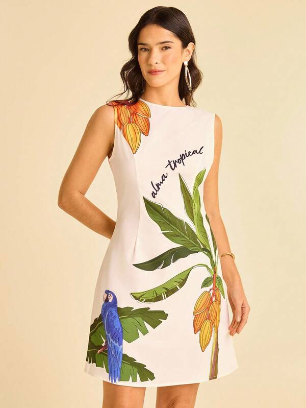 CAJUNI 女式杏色椰子树、鹦鹉和热带水果印花圆领无袖修身褶饰印花夏季度假海滩迷你连衣裙