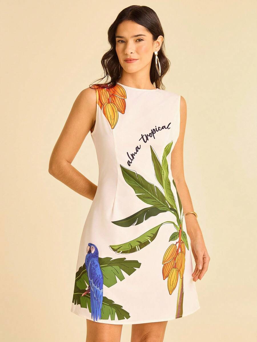 CAJUNI Women's Apricot Base Coconut Tree, Parrot And Tropical Fruit Print, Round Neck Sleeveless Fitted Ruched Print Summer Vacation Beach Mini Dress, Tropical Dress, Graphic Dress, Parrot Dress, Banana Leaf Dress, Summer Dress