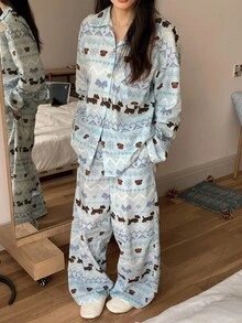 DAZY 可爱小狗蝴蝶结印花女士睡衣套装，秋冬服装 - 藍色 - 查看 8