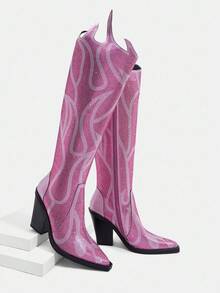 Glitzique Stivali alti da donna con decorazione a fiamma di strass, adatti per occasioni di festa