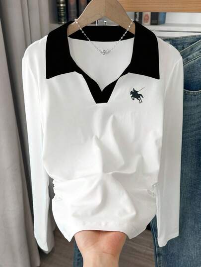 Franclia Casual Contrast Color Collar Fitted Long Sleeve T-Shirt, Autumn