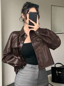 DAZY Women's Short Jacket With Large Pockets, Casual Business Office Wear, Long Sleeve PU Windbreaker, Autumn/Winter Y2k Leather Jacket - Brown - View 4