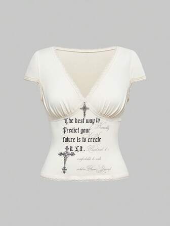 Grunge Punk Gothic Cross Slogan Poem Chain Pattern Black Print Women T-Shirt