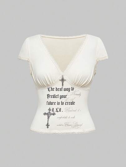 Grunge Punk T-shirt femme avec imprimé noir croix gothique, slogan, poème et motif de chaîne