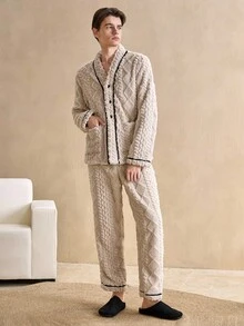 EverLounge 男士撞色滚边纽扣前开襟法兰绒家居服睡衣套装，秋冬装，蓬松舒适 - 彩色 - 查看 4