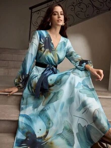 ZEYLAH Women's Elegant Floral Print Dress - Blue - View 1