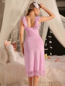 精致魅力优雅蕾丝拼布长裙，成熟柔和的粉色女士睡袍 - 粉色 - 查看 2