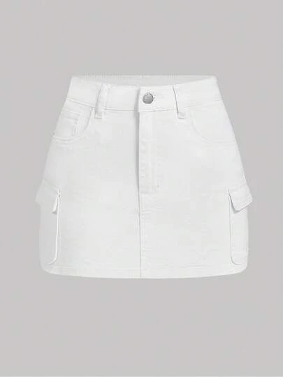 SHEIN MOD Plus Size Women's Cargo Pocket Casual Denim Mini Skirt,White Skirts, Vacation Outfits Women,Summer Holiday Outfits ,Valentine's Day