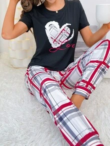Heart & Plaid Print PJ Set / Pajama Set - Black - View 1