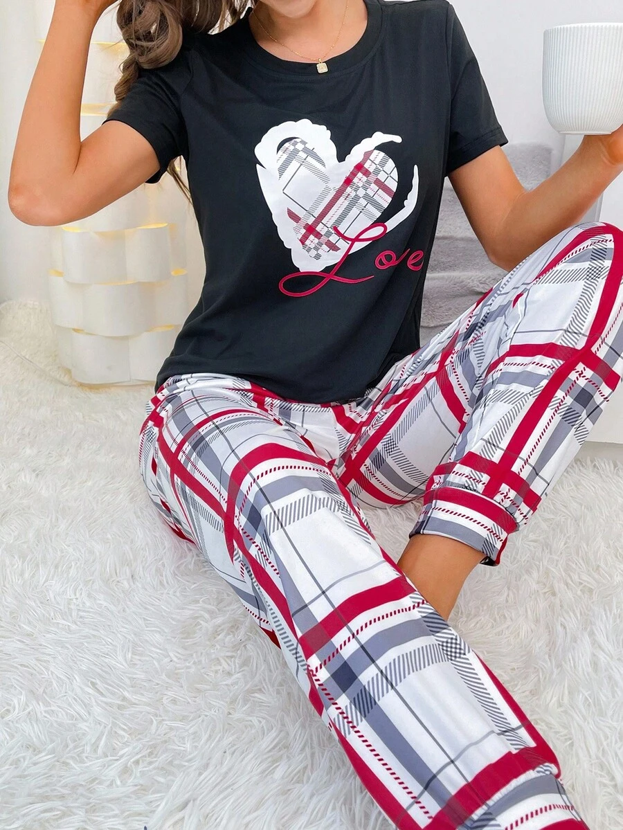 Heart & Plaid Print PJ Set / Pajama Set - Black - View 1