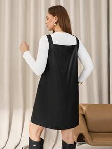 SHEIN Essnce Plus Size Black PU Dress, Women's Fall Halloween Costume, Elegant Summer Black And White Fashion Casual Business Suspender Curve Dress - Black - View 2