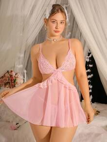 Spicy Aura Plus Size Women Contrast Lace Hollow Out Sexy Lingerie - Pink - View 1