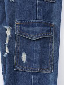 SHEIN 年轻女孩 Y2K 酷炫休闲破洞多口袋松紧腰 3D 口袋水洗蓝色牛仔裤