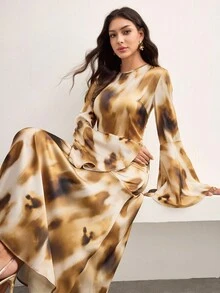 Veilorie Vestido elegante y modesto con estampado de efecto tie-dye en estilo árabe para mujeres - Multicolor - Ver 2