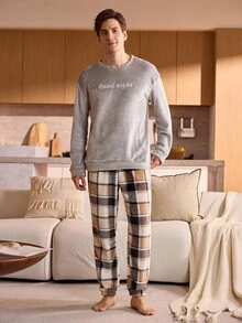 Manfinity Underwear&Sleepwear Basics 两件套圆领字母刺绣长袖上衣和格子裤法兰绒男士蓬松睡衣套装（灰色格子，柔软舒适家居服），秋冬服装，舒适保暖