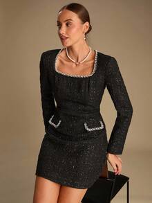 Enchnt Abito mini elegante e raffinato da donna, con scollo quadrato, maniche lunghe, in tweed di filato romantico nero, impreziosito da perle e strass luccicanti, adatto per feste, appuntamenti, vacanze, lauree, ufficio, uscite, Ognissanti e Natale. È una scelta ideale per abiti, completi e outfit autunnali, nonché per il carnevale e il Capodanno.