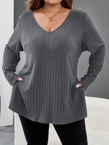 SHEIN CURVE+ Áo thun cổ chữ V viền gân màu xanh cỡ lớn, quần áo thu đông cho nữ, mùa đông, CONG CỠ LỚN/Mùa thu/Mùa đông - Màu xám đen - Xem 12