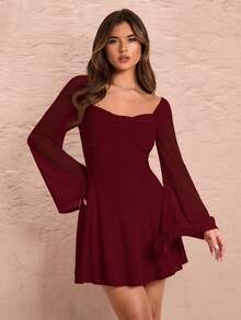 SHEIN BAE 优雅纯色红色/酒红色方领长袖露背系带公主裙，适合秋冬、春季、情人节、派对、浪漫约会、伴娘、舞会、工作、日常穿着 - 酒紅色 - 查看 7