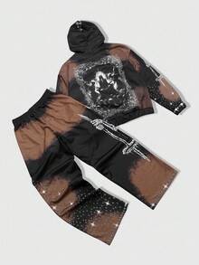 ROMWE MEN Men's Gothic Skeleton & Cross Print Zip-Up Hoodie Set With Sweatpants, Suitable For Autumn/Winter - Multicolor - View 2