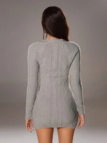 SHEIN TRNDY 1 件女士毛衣裙，灰色，独特 V 领绞花设计，镂空肩部，休闲，秋冬 - 淺灰色 - 查看 2