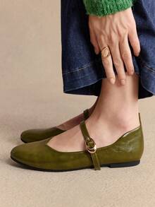 Rosivie 复古扣饰平底鞋，百搭优雅，适合春夏季，灰色 - 軍綠色 - 查看 2