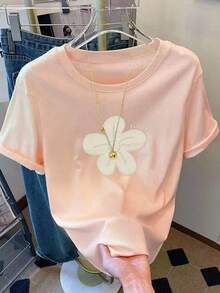 Resyla 女式花卉丝网印花修身短袖T恤 - 粉色 - 查看 3