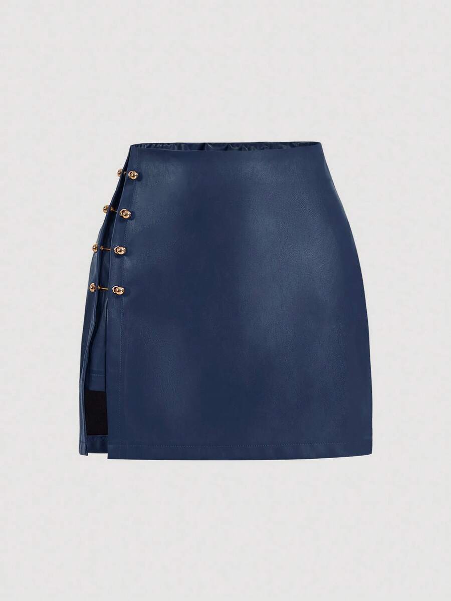 SHEIN MOD 加大码海军蓝侧开衩金属边仿皮A字裙，外出裙，复古裙，秋季服装，性感裙，皮裙 - 藏蓝色 - 查看 1