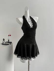 Sweetra 露背蕾丝边拼接酒红色性感优雅连衣裙 - 黑色 - 查看 5