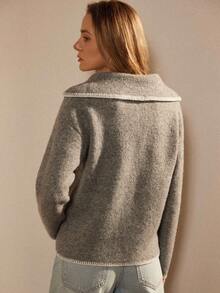 法式复古宽松Polo领长袖针织撞色边饰设计灰色女式套头衫，秋冬 - 灰色 - 查看 2