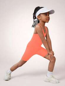 SHEIN 少女纯色圆领修身无袖连体运动服