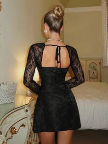 Glamine Glamine Elegant Lace Patchwork 3D Embossed Floral Square Neck Long Sleeve A-Line Dress, Black Reception Dress, Black Lace Dress, Rehearsal Dinner Dress, Tulle Bloom, Sweet Style, Satin Grad Dresses, Romantic Dress, Looks Of Party, Elevated Elegance, Elegant In Black, Chic Autumn, Elegant Winter,Black 3D, PartyMustHave Black Cocktail Dress Halloween Black Dress With Lace Sleeves Elegant Black Dress Lace Black Mini Dress Goth