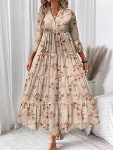 SHEIN LUNE 女式休闲碎花 V 领褶饰长袖连衣裙，适合春夏季