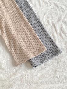 SHEIN 2pcs/Set Girls Ribbed Knit Crew Neck Long Sleeve Top And Leggings Underwear Set, Autumn/Winter - Multicolor - View 7