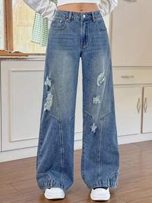 Rivivi Women's Casual Distressed Washed Slant Pocket Wide Leg Jeans, Autumn - Blue - View 1