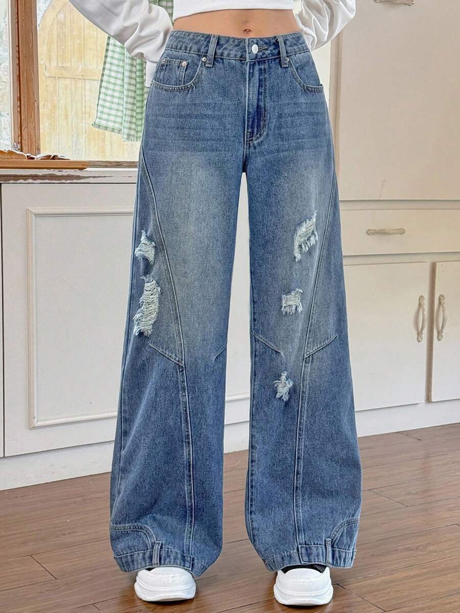 Rivivi Women's Casual Distressed Washed Slant Pocket Wide Leg Jeans, Autumn - Blue - View 1