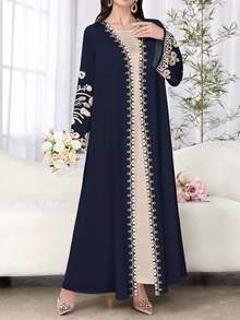 SHEIN Najma Women's Floral Print Black Elegant Abaya Cardigan, Long Sleeve, Spring/Autumn - Multicolor - View 4