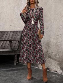 EMERY ROSE Floral Print Long Sleeve Waist Cinched Dress For Women, Suitable For Spring & Autumn Outdoor Wear Long Sleeve Floral Dress Women - Multicolor - View 5
