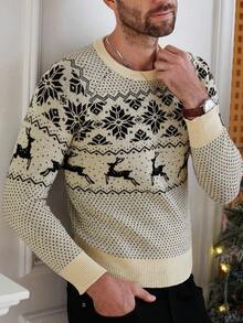 Manfinity Homme Men's Casual Geometric Deer Pattern Round Neck Raglan Sleeve Sweater, Autumn Christmas - Apricot - View 5