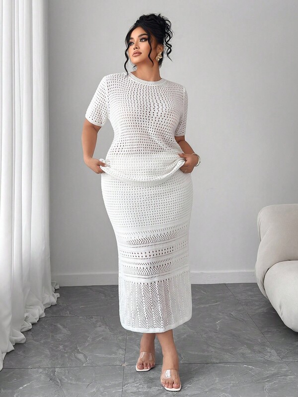 Elenzga Bohemian Style Hollow Out Loose Knit Sweater Set With Short Sleeve Top And Skirt, Slimming Plus Size Outfit For Autumn
