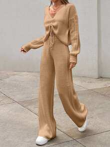 V Neck Sweater Top And Trouser Elegant Simple - Camel - View 4