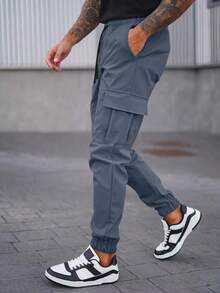 Manfinity LEGND 男士松紧腰抽绳工装风格休闲裤，带口袋，百搭踝带灰色慢跑裤，运动街头潮流裤，秋季 - 水鴨藍 - 查看 4