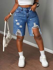 Slaydiva Quần short denim nữ cạp thấp, rộng rãi, rách 5 điểm, họa tiết kim cương Bermuda / Quần short denim xanh nhạt / Quần áo nữ mùa thu / Trở lại trường / Quần áo đồng quê nữ / Quần áo hòa nhạc đồng quê / Quần áo nữ cổ điển / Quần áo đi chơi / Quần áo sân bay nữ / Trang phục đường phố nữ / Quần áo nữ phong cách Y2K - Rửa trung bình - Xem 7